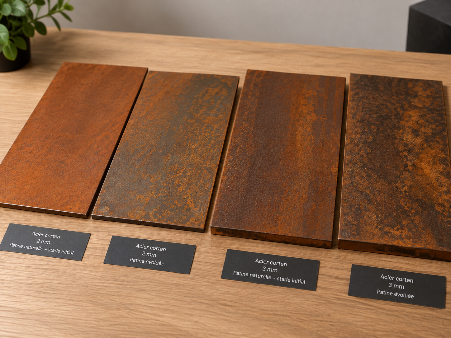 Acier Corten: Échantillons, Patine & Épaisseur Échantillons d'acier corten (2mm, 3mm) sur table, montrant patine rouillée, texture et couleur variées. Patine initiale et év