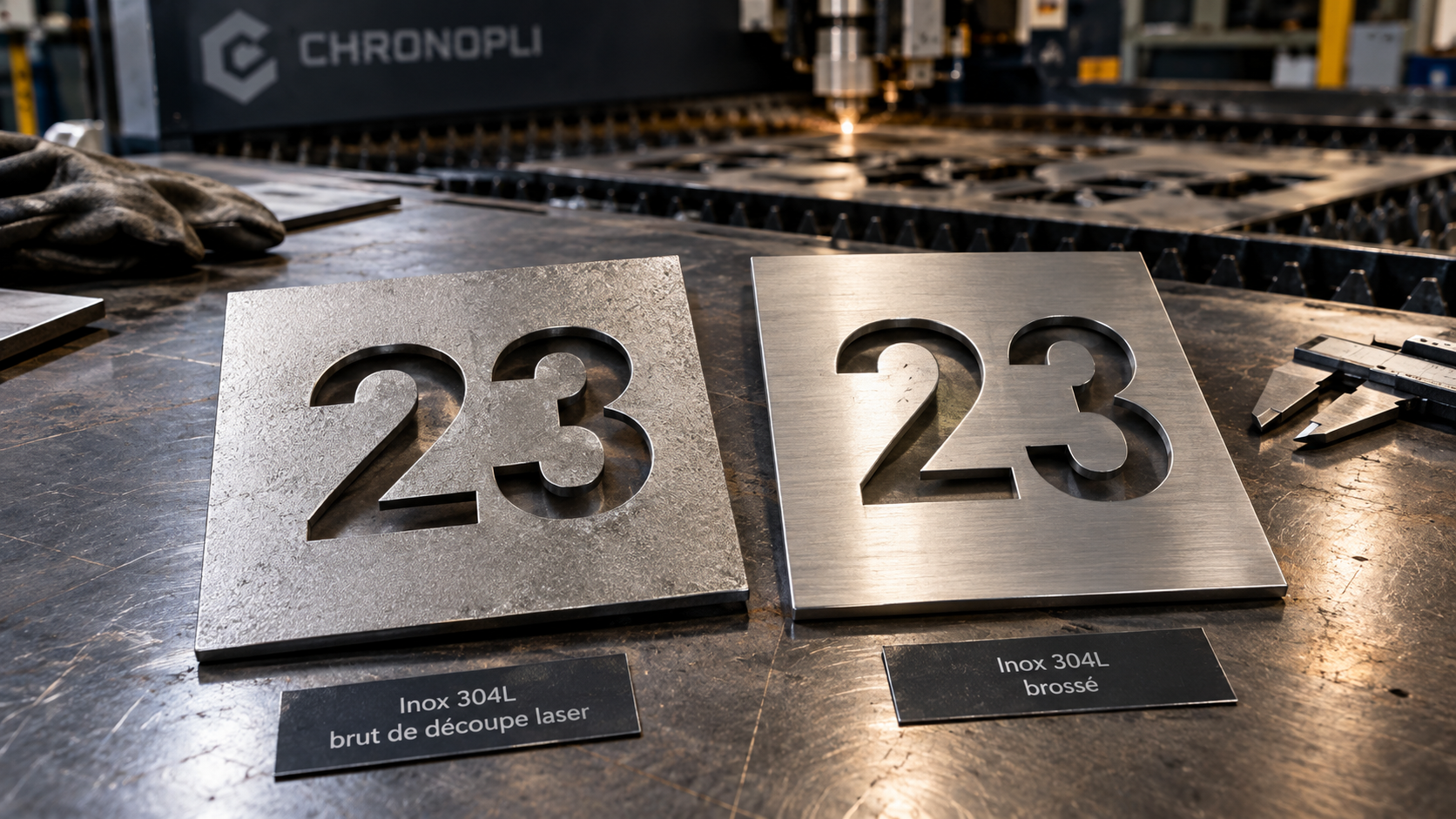 Inox 304L: Brut et Brossé Découpe Laser Comparaison de deux numéros de maison en inox 304L, finition brute et brossée