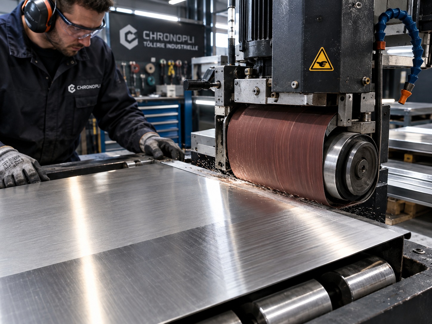 Brossage tôle inox fini satiné Brossage mécanique d’une tôle inox en atelier avec une bande abrasive, créant une finition satinée et des micro-rayures sur l