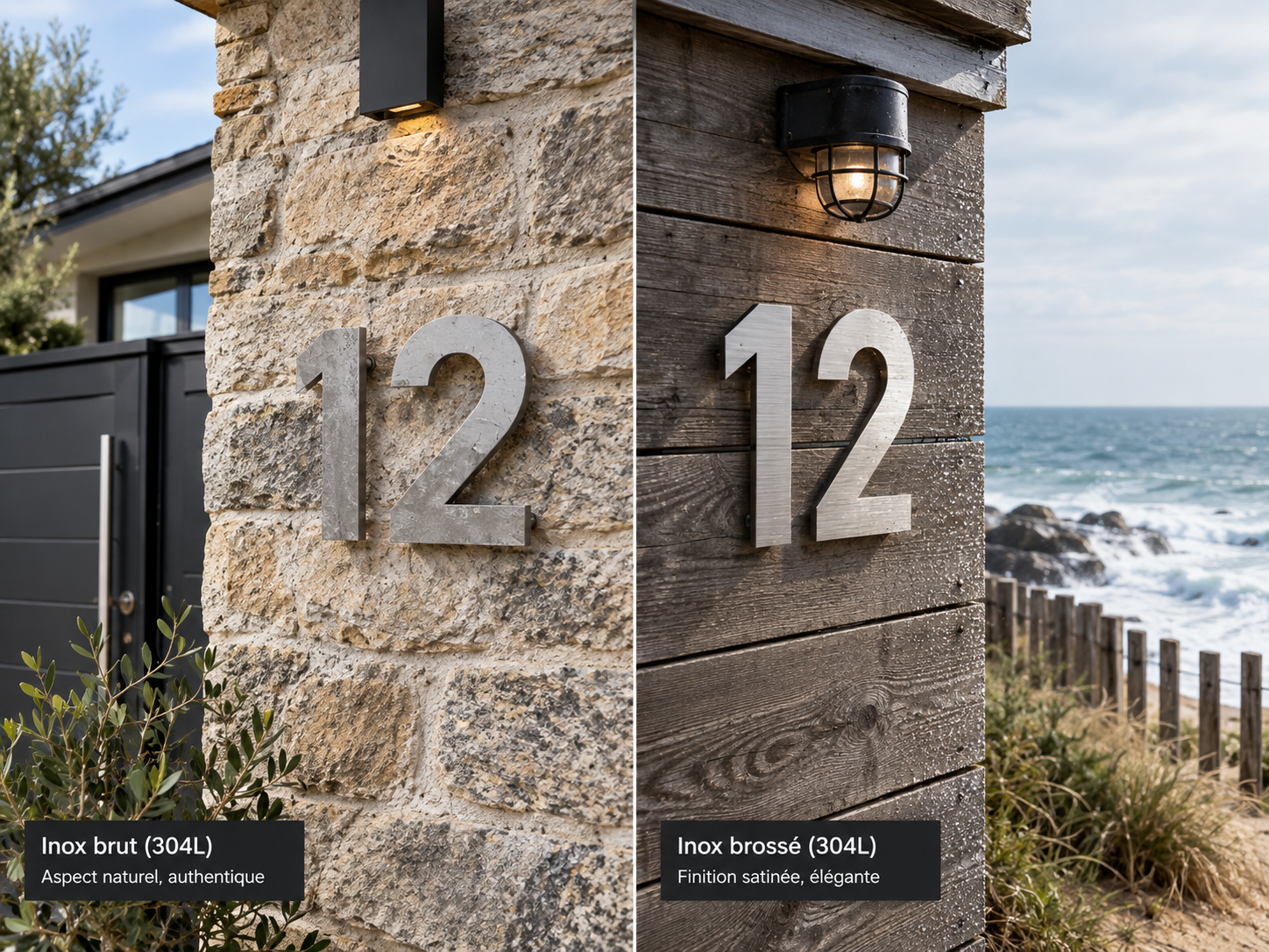 Numéros Maison Inox Brut vs Brossé Numéros de maison '12' en inox brut sur mur pierre (urbain) et inox brossé sur mur bois (bord de mer). Contrastes.