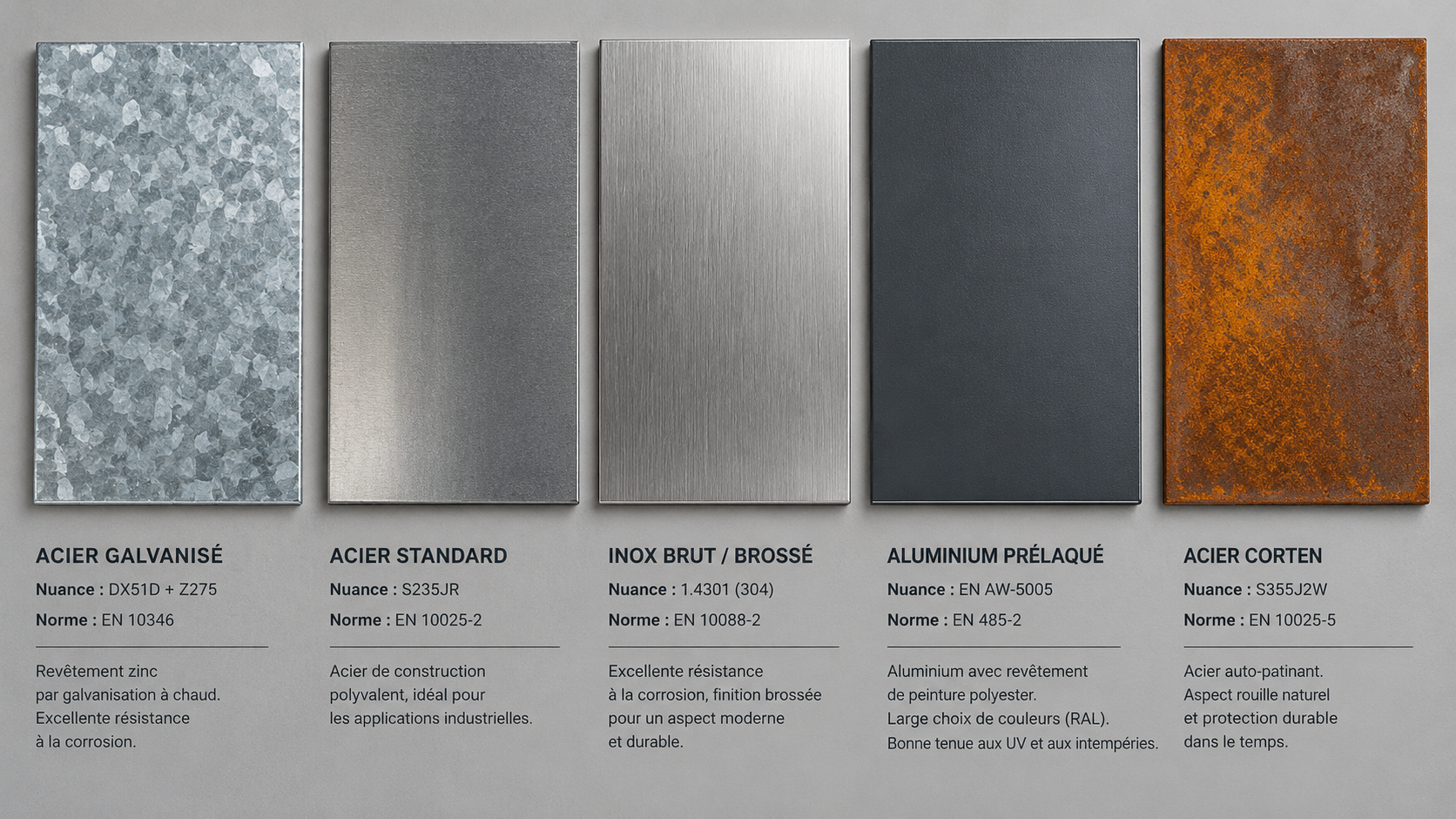 Cinq échantillons métalliques : acier galvanisé, standard, inox brossé, aluminium prélaqué, Corten, avec leurs nuances et nor