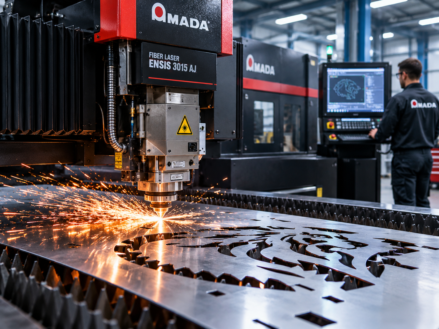 Machine de découpe laser AMADA en action, découpe tôle inox motif lion, étincelles vives, opérateur CNC.